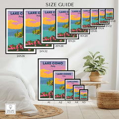 Size guide for Lake Como Italy wall art prints in various dimensions for home decor.