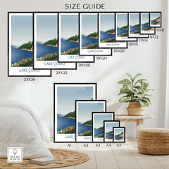 Lake Como wall art print size guide showcasing various dimensions for stylish home decor.