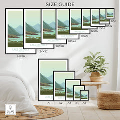 Lake District Poster Print size guide, showcasing various frame sizes for stylish wall art options.
