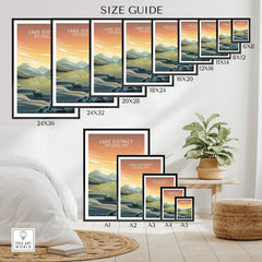 Lake District Poster size guide showcasing various frame sizes and minimalist artwork design for home decor.
