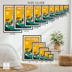 Size guide for Lake Garda Print Italy Poster featuring various frame sizes and styles displayed in a stylish room.