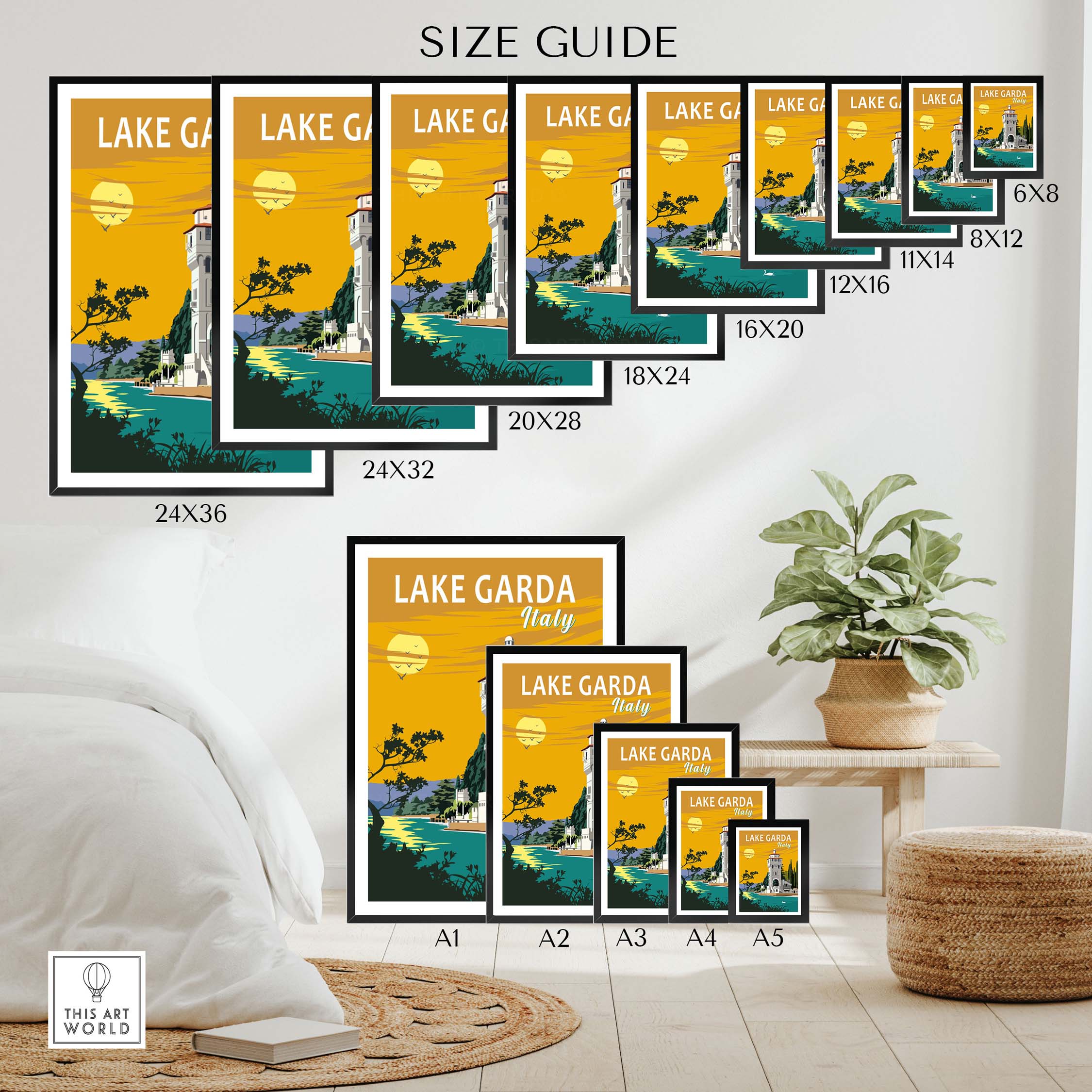 Size guide for Lake Garda Print Italy Poster featuring various frame sizes and styles displayed in a stylish room.