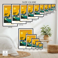 Size guide for Lake Garda Italy poster print showcasing various sizes and design options for wall art.