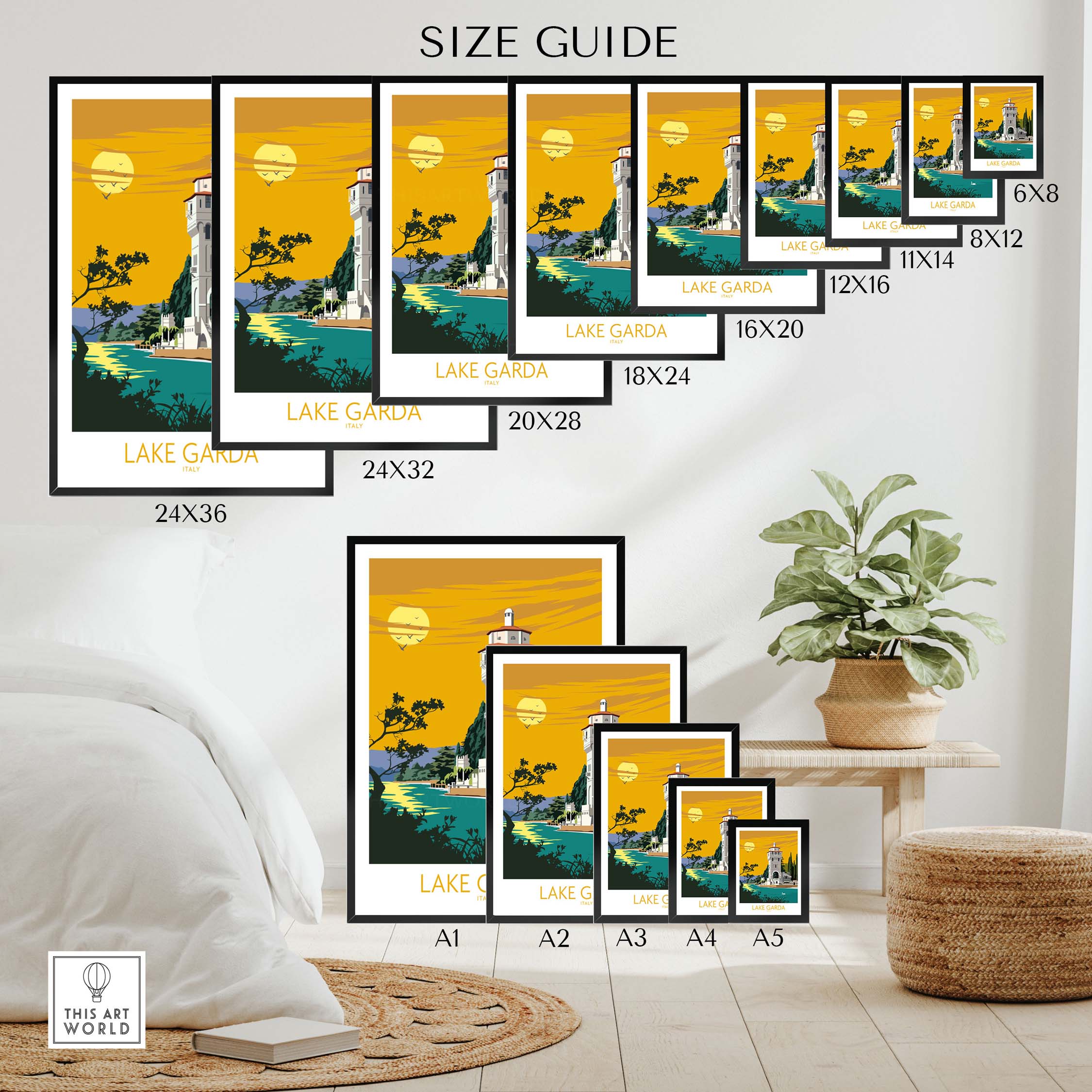 Size guide for Lake Garda Italy poster print showcasing various sizes and design options for wall art.