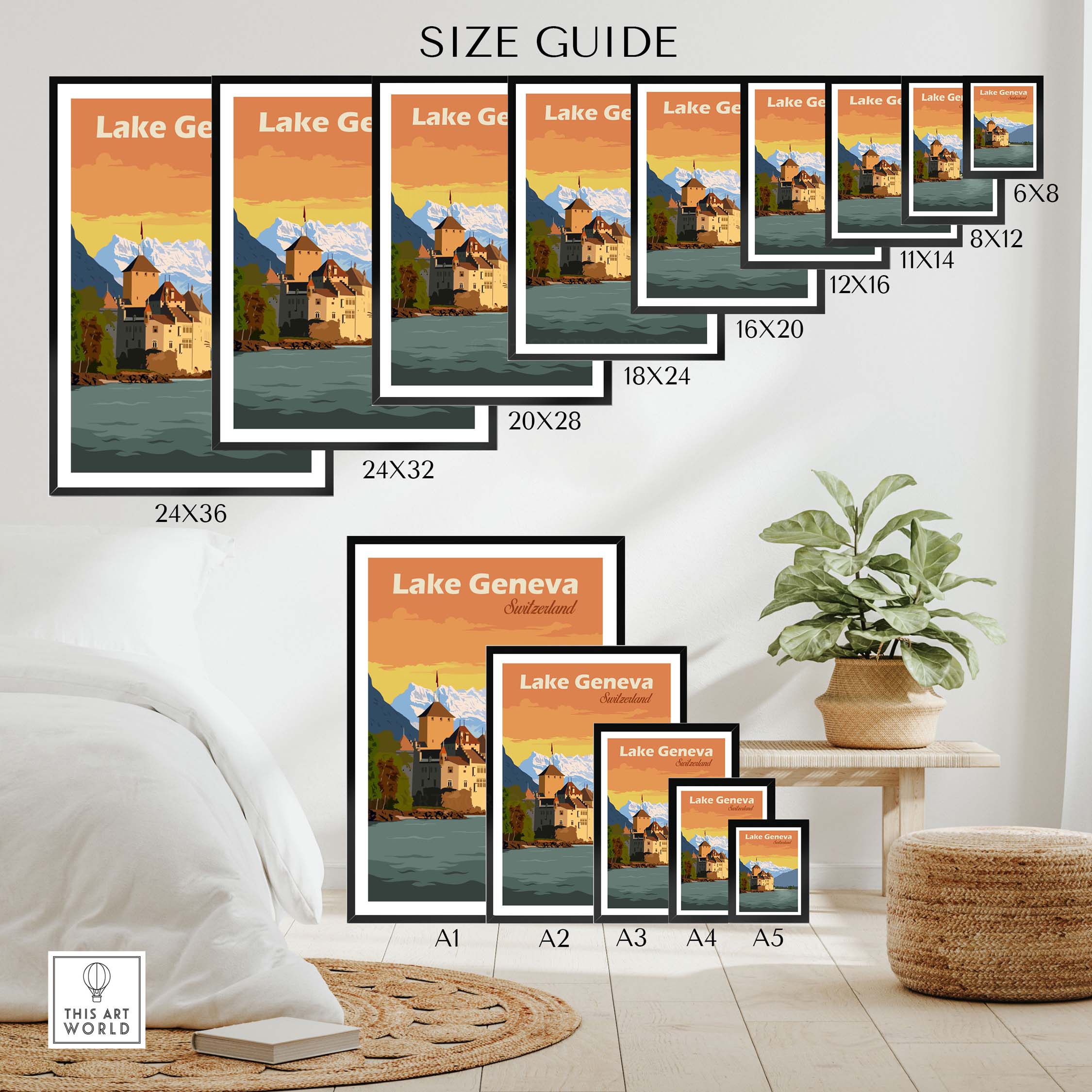 Size guide for Lake Geneva Poster prints in various dimensions for stylish wall art options.
