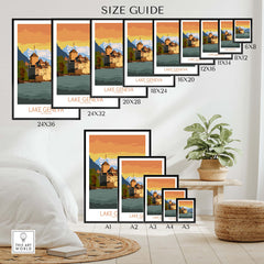 Size guide for Lake Geneva art prints showcasing various dimensions and framed styles, ideal for home decor.