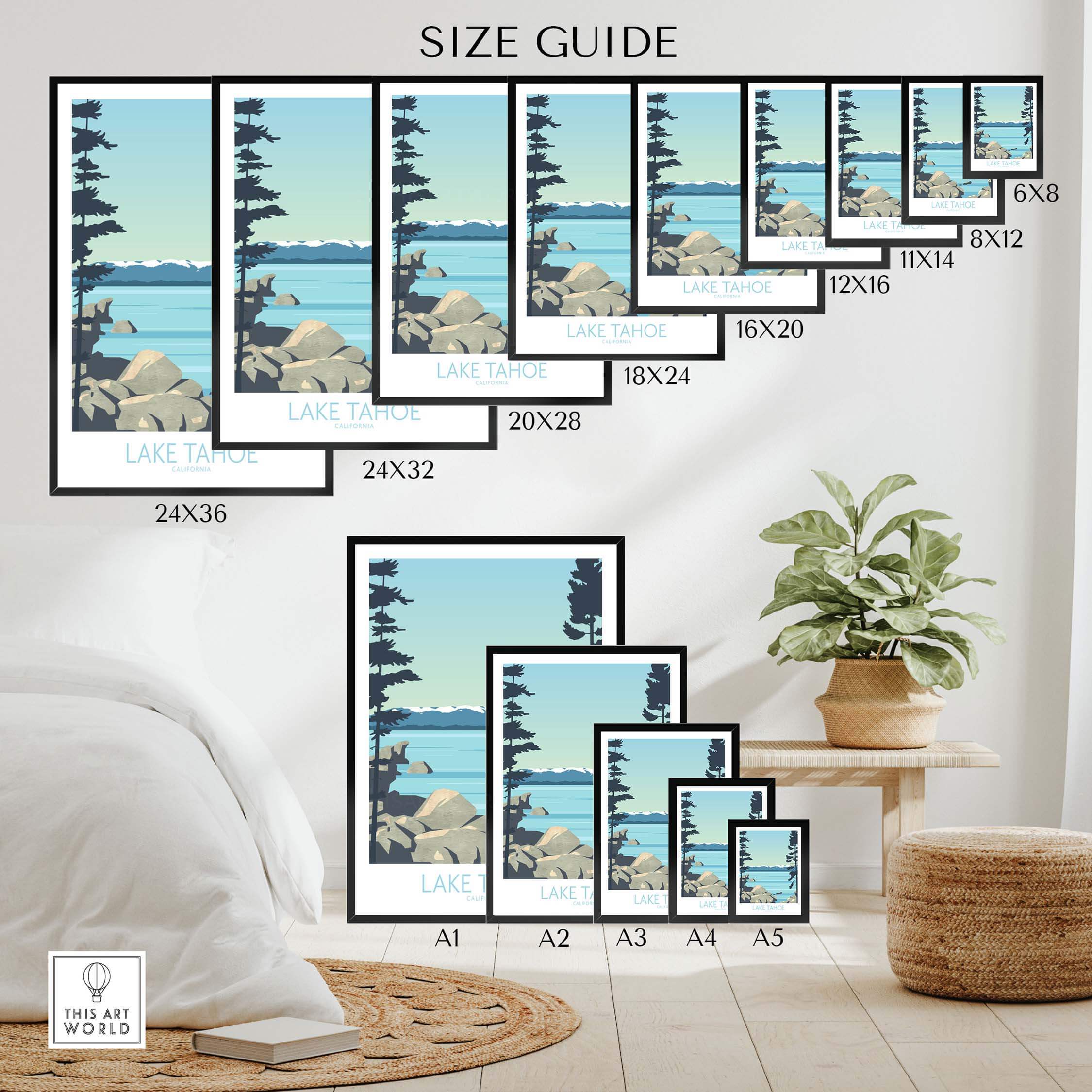 Size guide for Lake Tahoe Print California showing various frame sizes and layout options for stylish wall art.