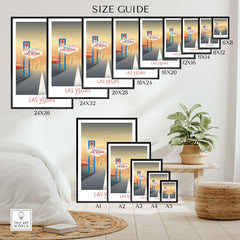 Las Vegas wall art print size guide showcasing various dimensions for framing options.