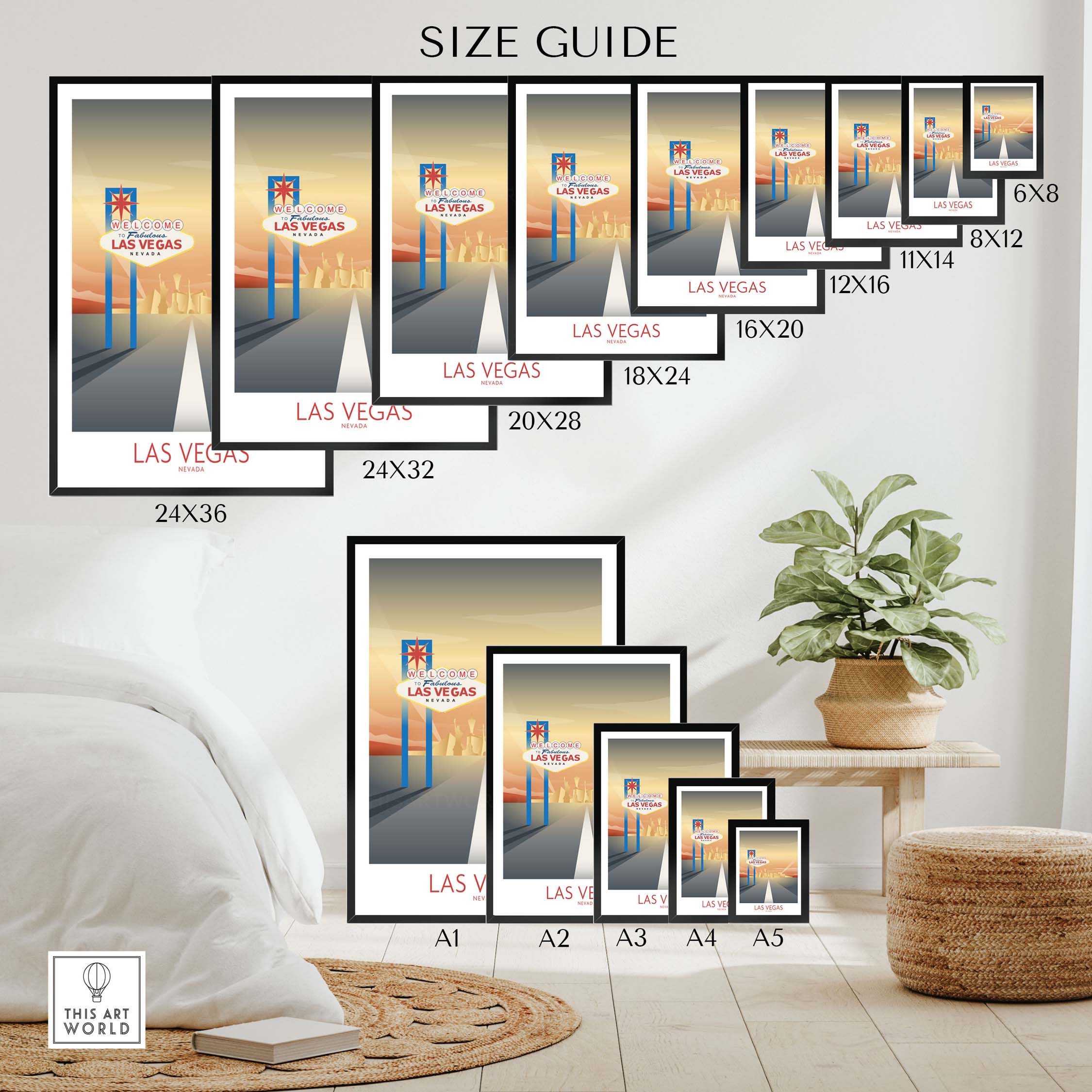 Las Vegas wall art print size guide showcasing various dimensions for framing options.