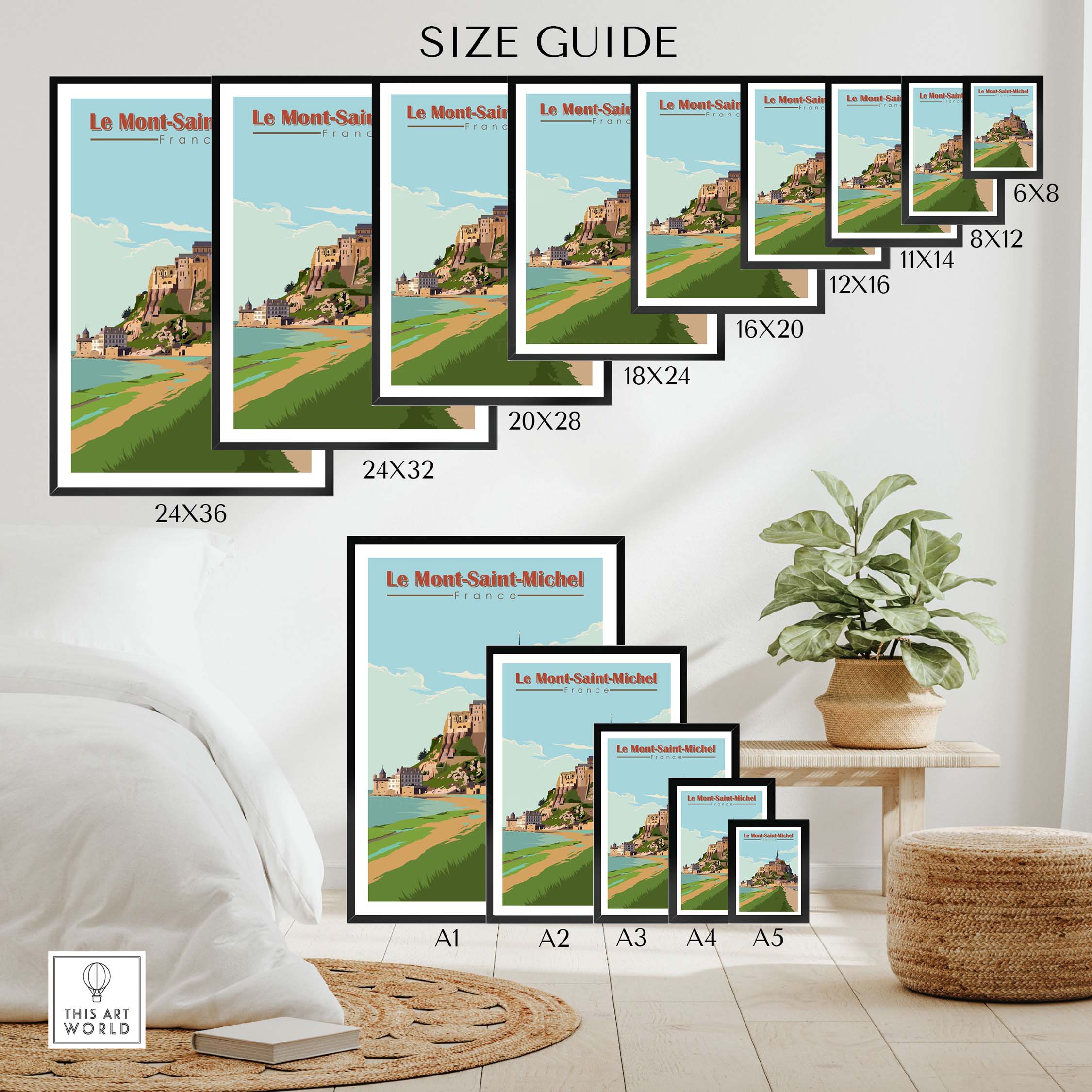 Le Mont Saint Michel poster size guide with various frame options and dimensions displayed as wall art.