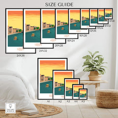 Size guide for Leeds Print England Travel Poster, showcasing various frame sizes for stylish wall art.