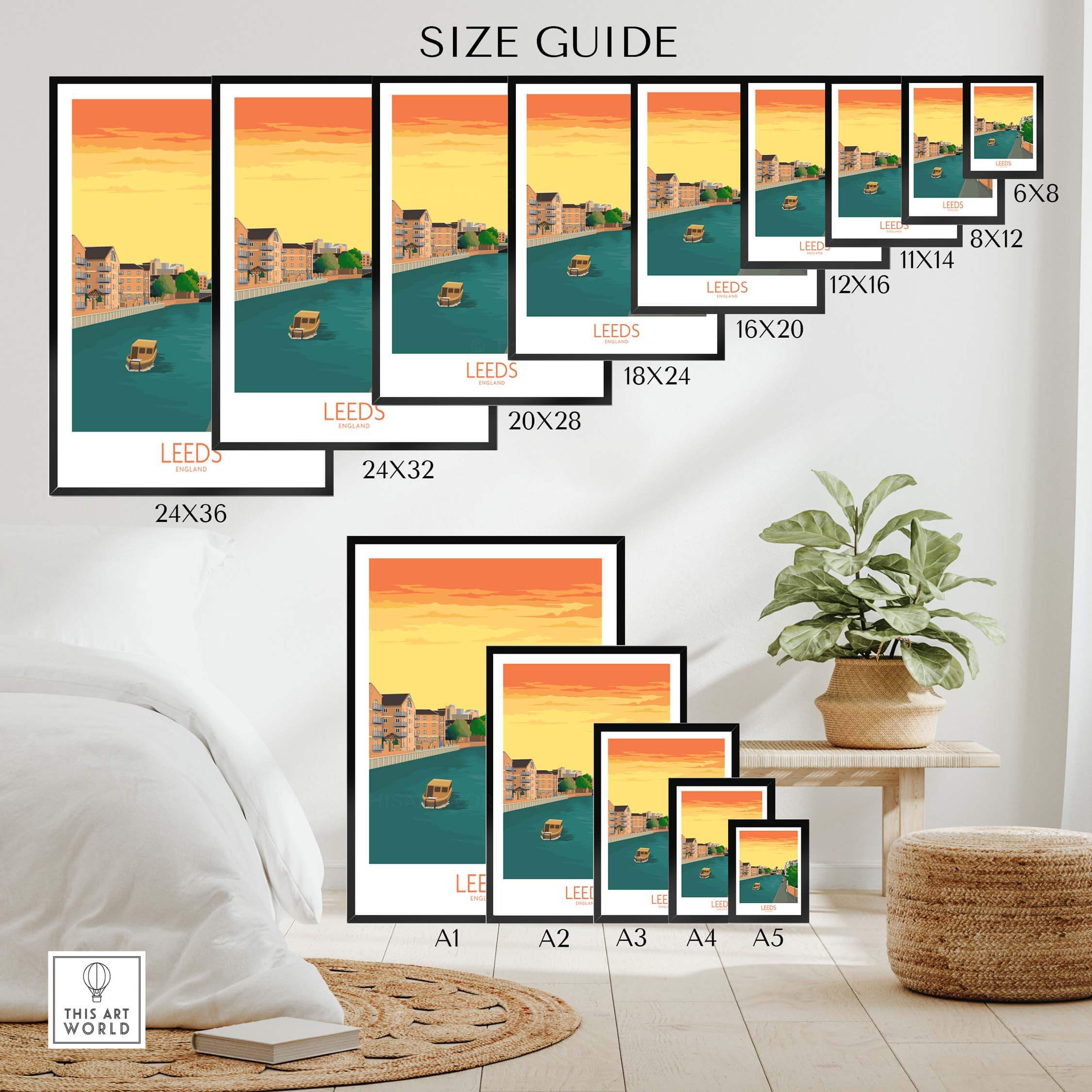 Size guide for Leeds Print England Travel Poster, showcasing various frame sizes for stylish wall art.