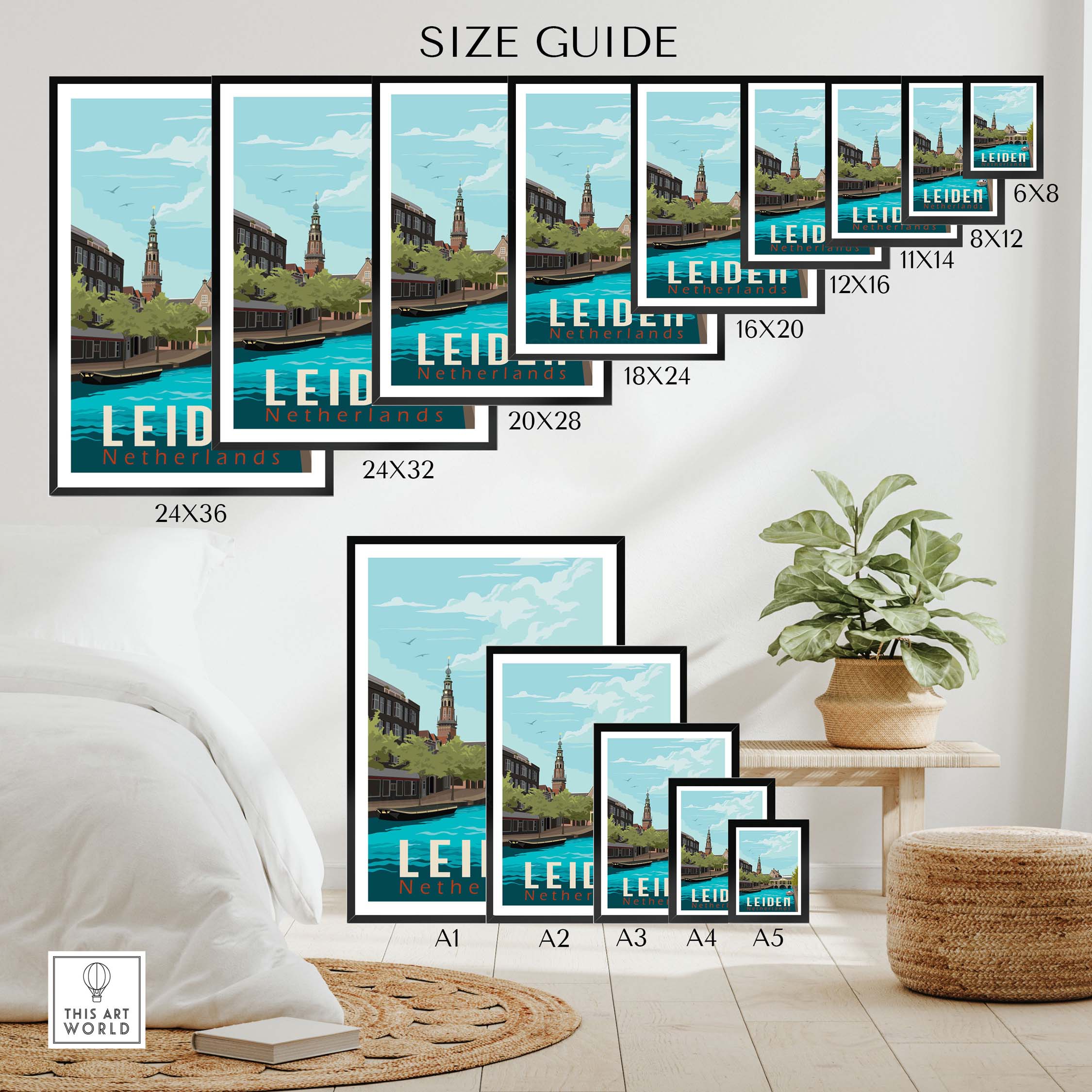 Leiden Netherlands print size guide showcasing various frame sizes for stylish wall art.