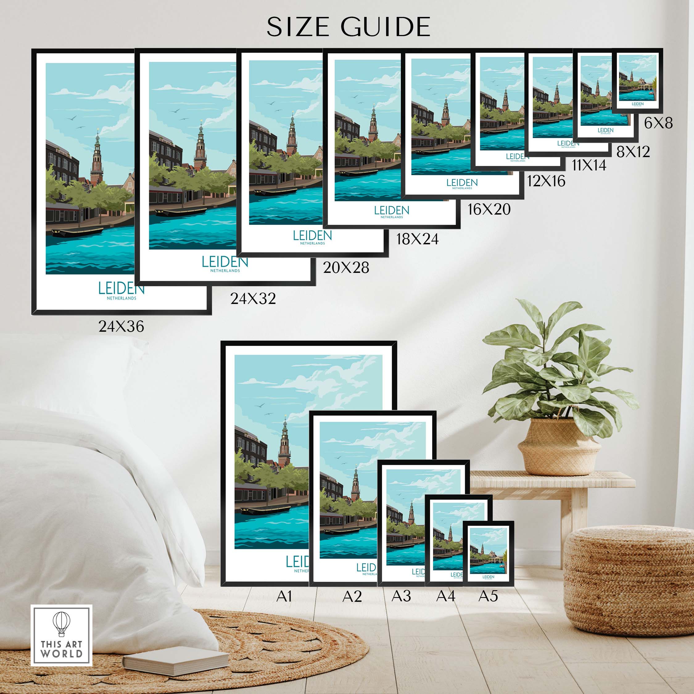 Leiden Poster size guide showing various framed and unframed print options for stylish wall art.