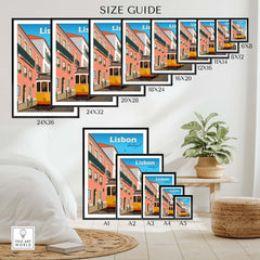 Size guide for Lisbon Travel Poster Print showcasing various sizes and frame options for stylish wall art.
