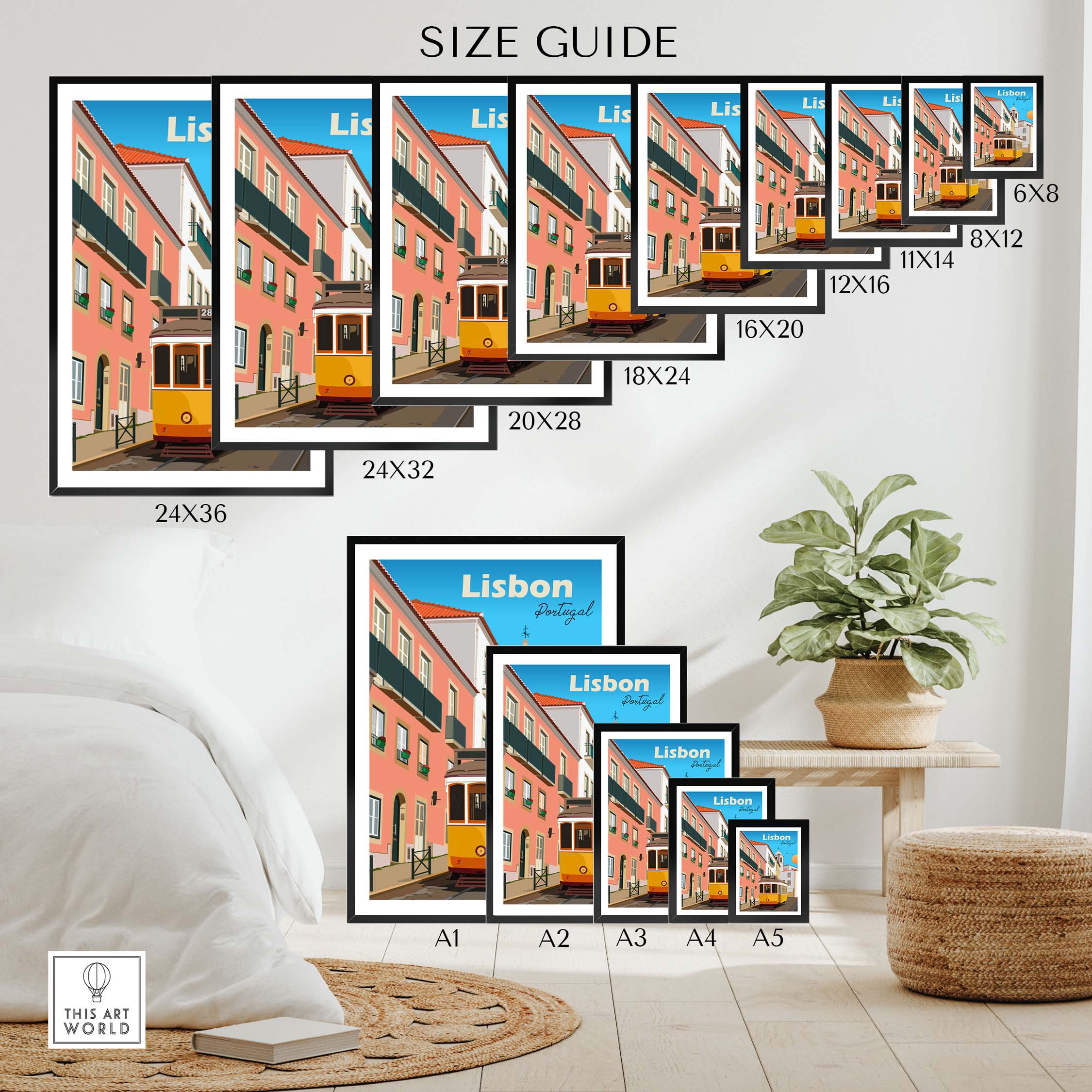 Size guide for Lisbon Travel Poster Print showcasing various sizes and frame options for stylish wall art.
