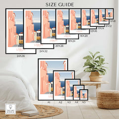 Size guide for Lisbon Wall Art Poster Print showcasing various dimensions and framing options.