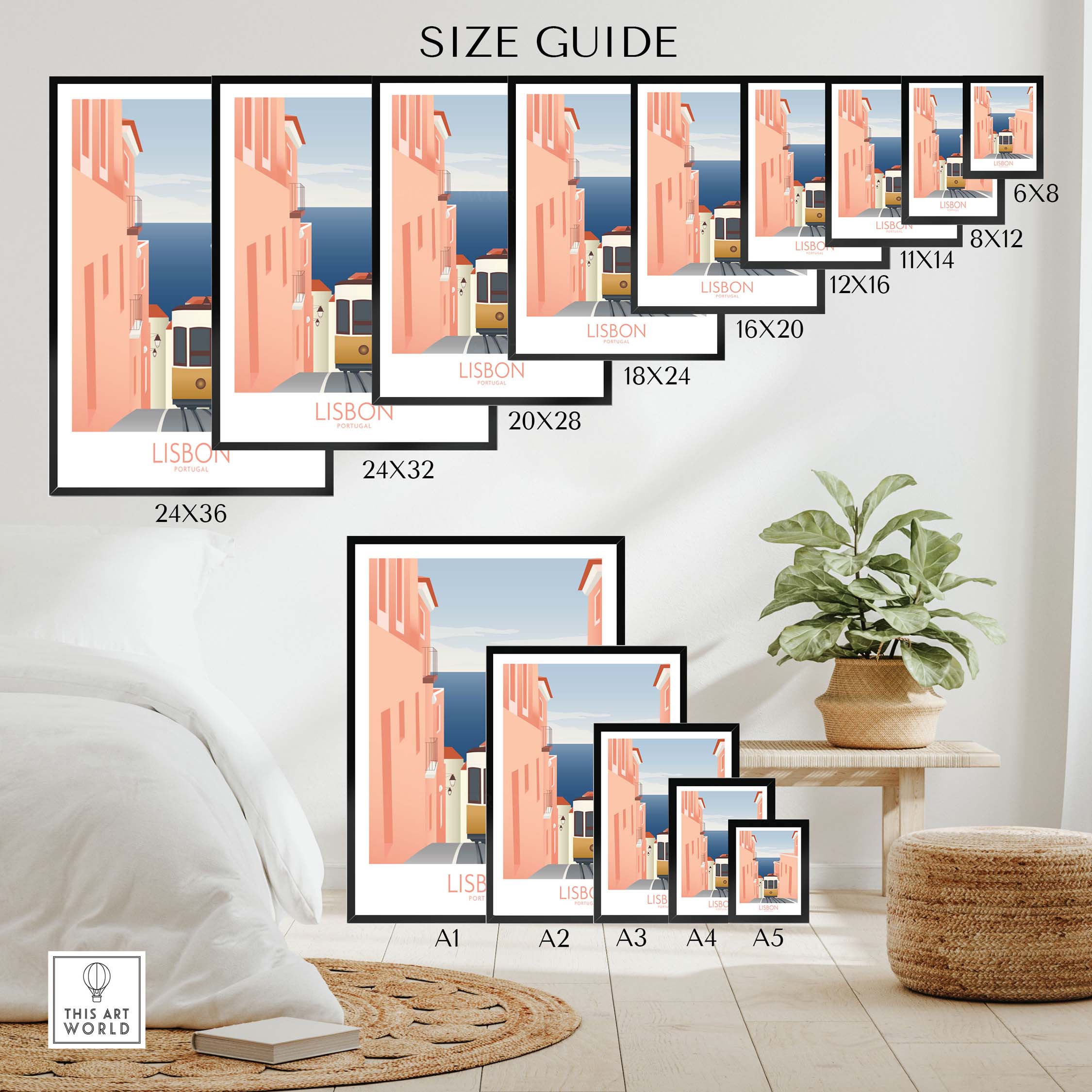 Size guide for Lisbon Wall Art Poster Print showcasing various dimensions and framing options.