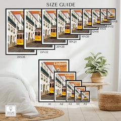 Lisbon vintage print poster size guide showcasing various frame sizes and styles for wall art