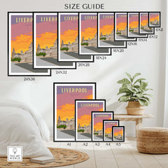Size guide for Liverpool poster showing various frame sizes in a stylish home setting.