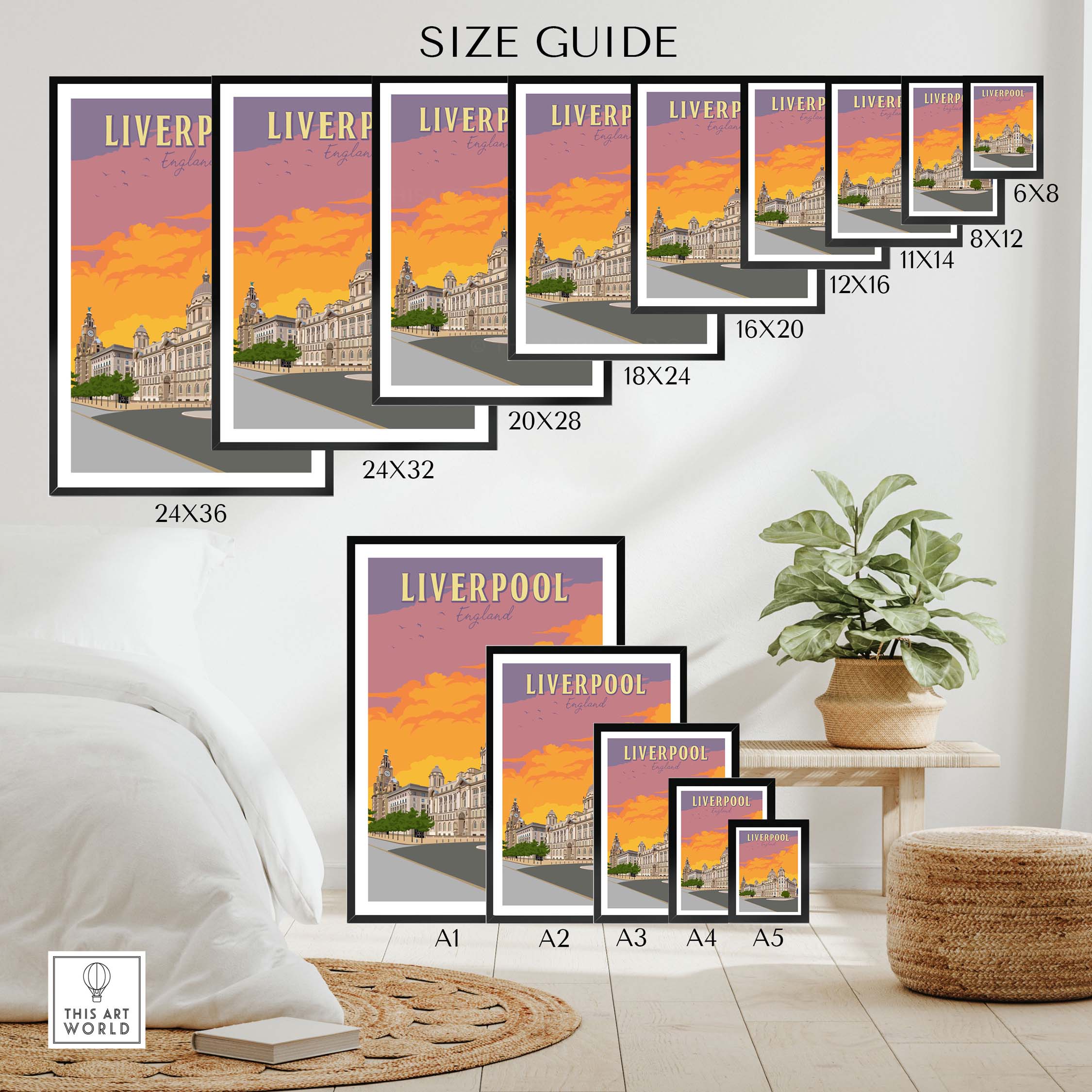 Size guide for Liverpool poster showing various frame sizes in a stylish home setting.