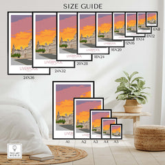 Size guide for vibrant Liverpool Print showing various dimensions and framing options for home decor.