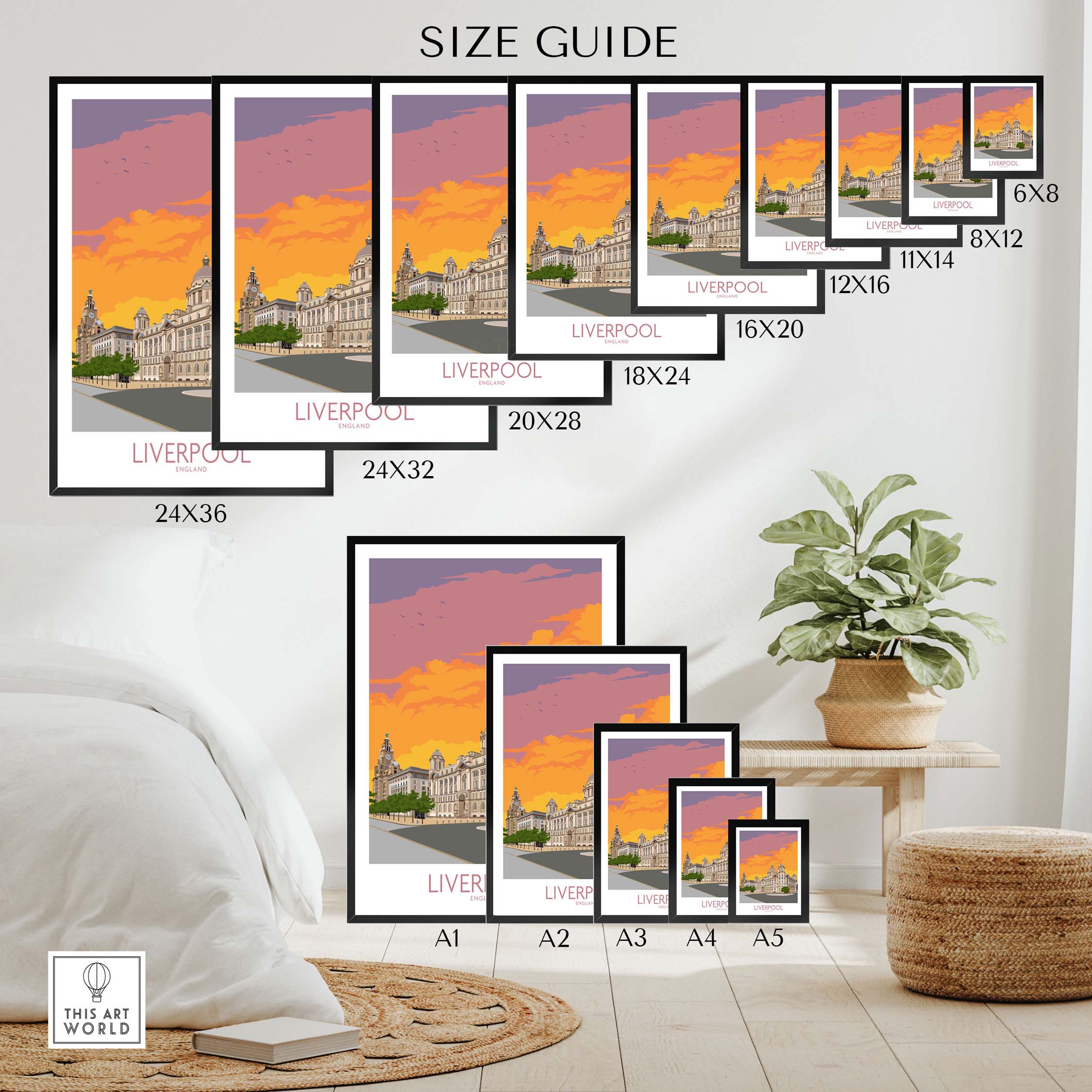 Size guide for vibrant Liverpool Print showing various dimensions and framing options for home decor.