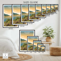 Size guide for Loch Ness Wall Art Scotland Print in various framing options for home decor.