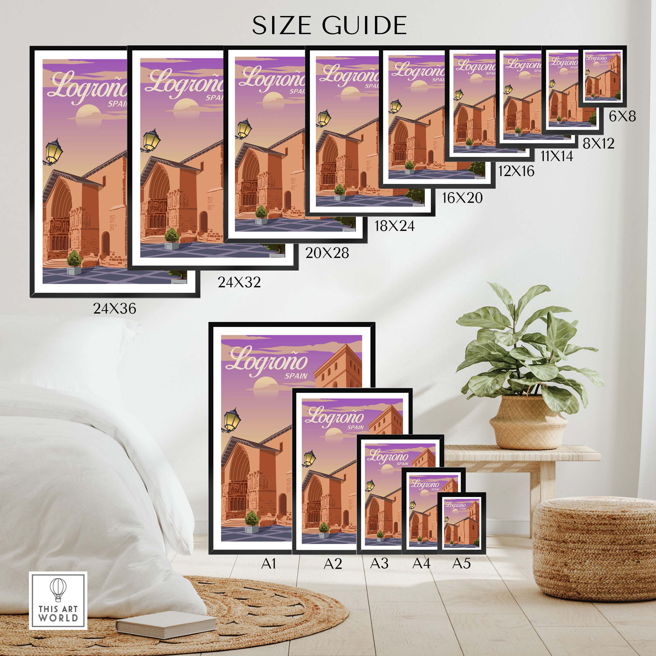 Size guide for Logrono Spain Print showcasing various frame sizes for stylish wall art.