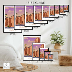 Size guide for Logrono Spain poster prints in various dimensions, showcasing stylish wall art options.