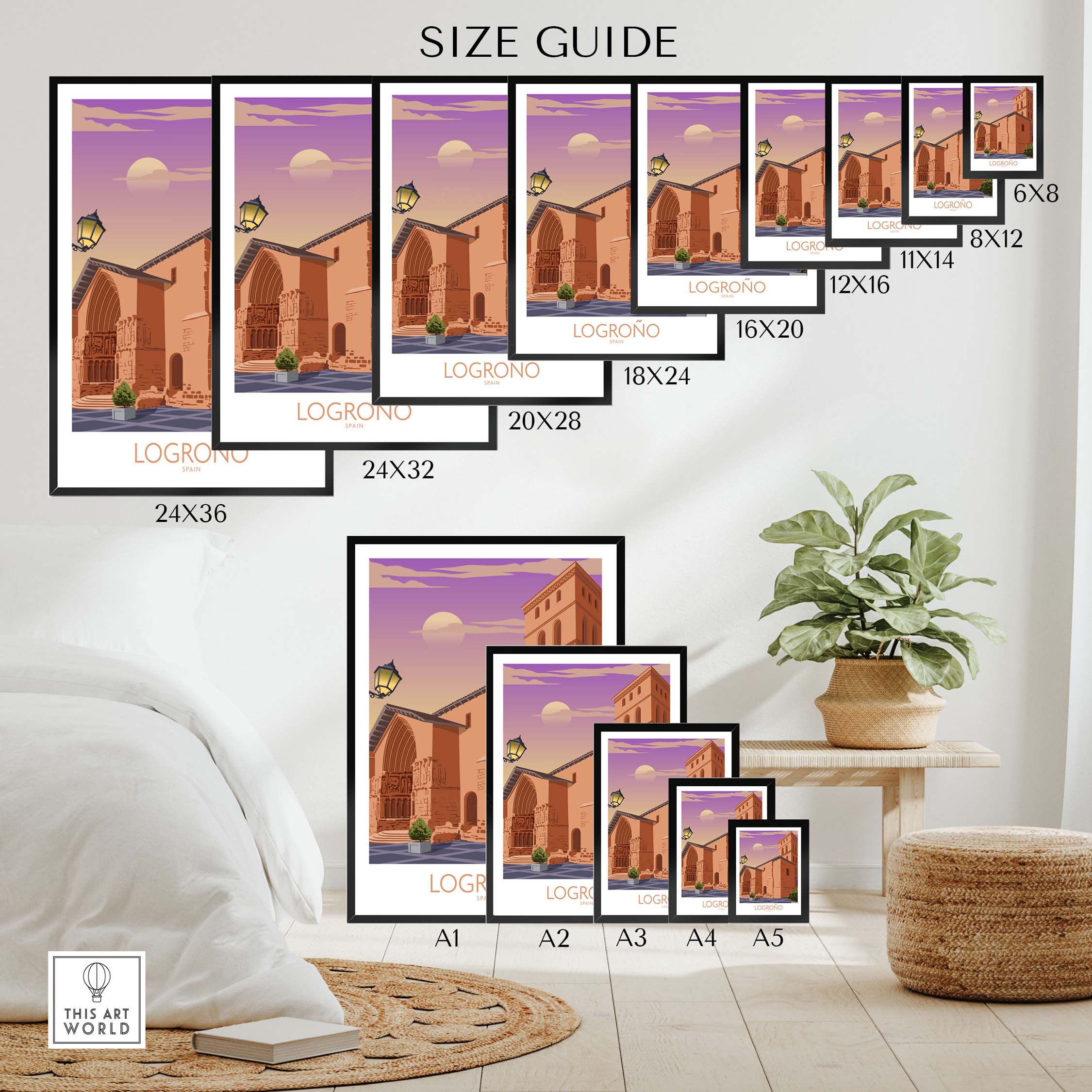 Size guide for Logrono Spain poster prints in various dimensions, showcasing stylish wall art options.
