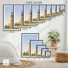 Size guide for London Print Wall Art Poster featuring Big Ben, showing various frame sizes for home decor.