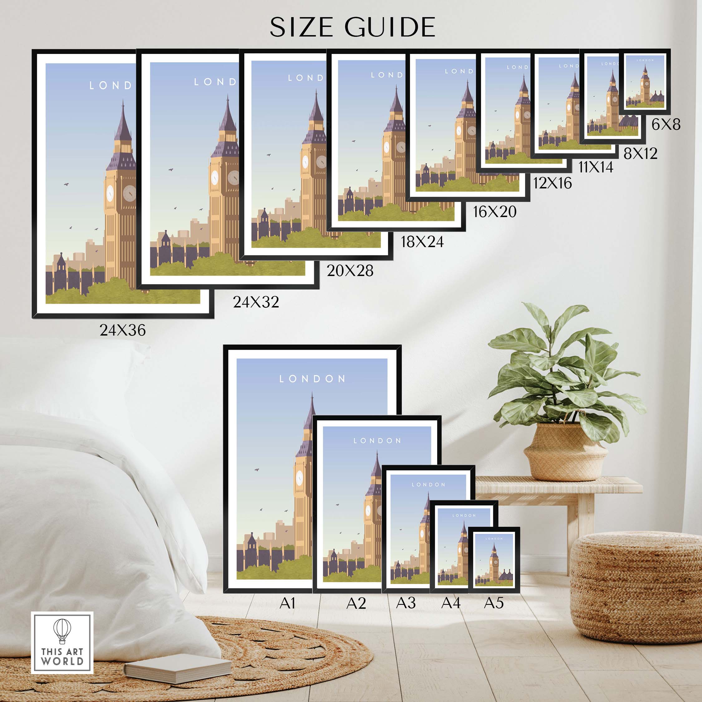 Size guide for London Print Wall Art Poster featuring Big Ben, showing various frame sizes for home decor.