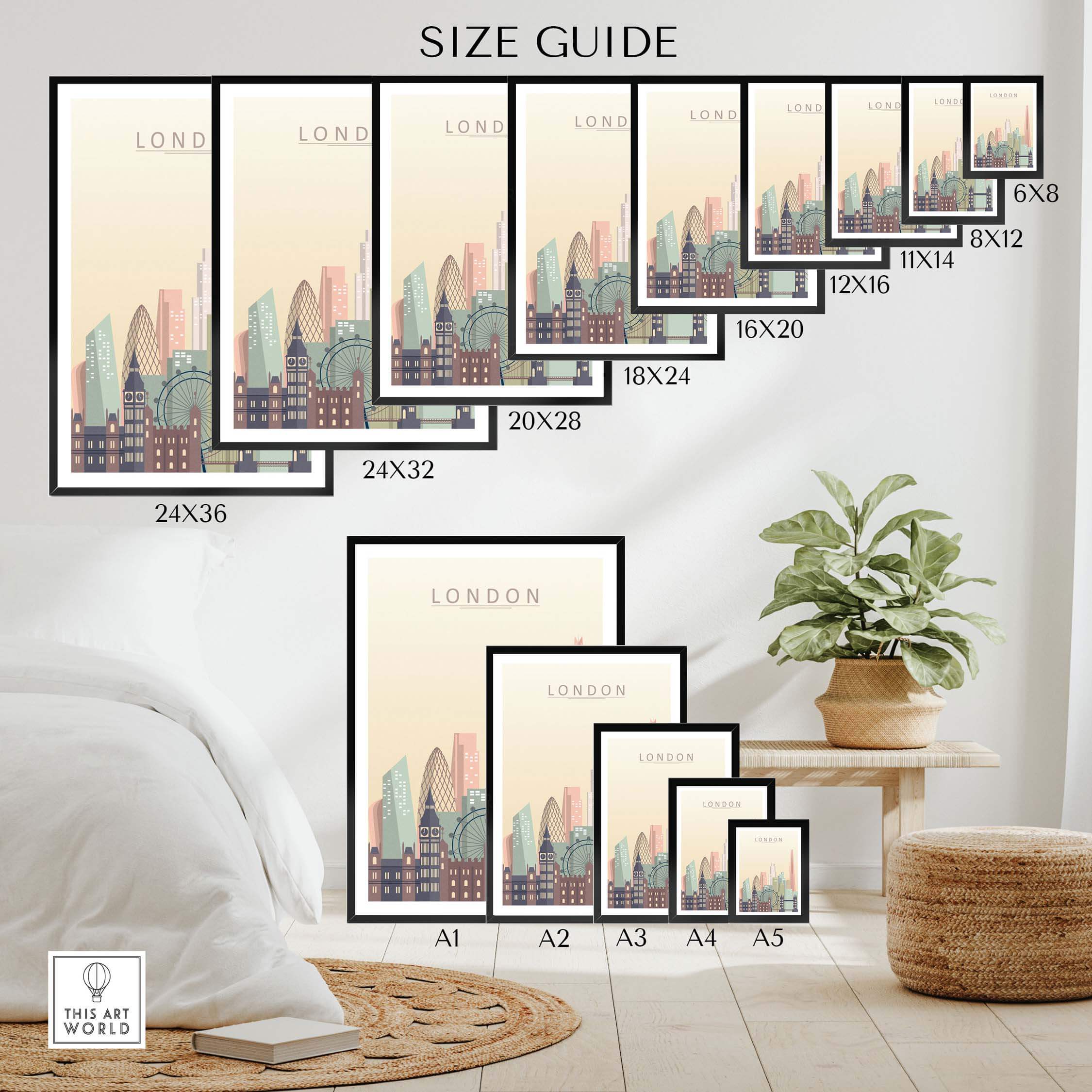 Size guide for London Skyline Print wall art showcasing various frame sizes and room setting.