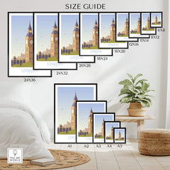 Size guide for London Print Travel Poster featuring Big Ben in various frame sizes.
