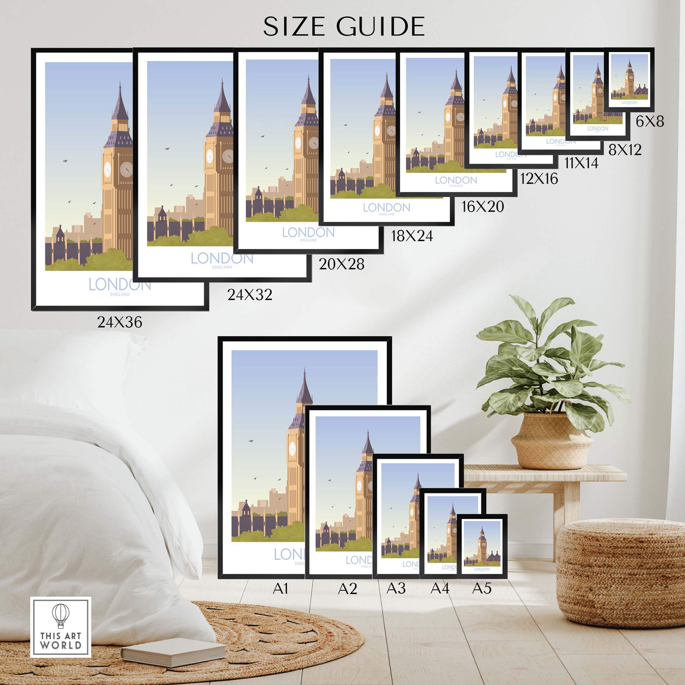 Size guide for London Print Travel Poster featuring Big Ben in various frame sizes.