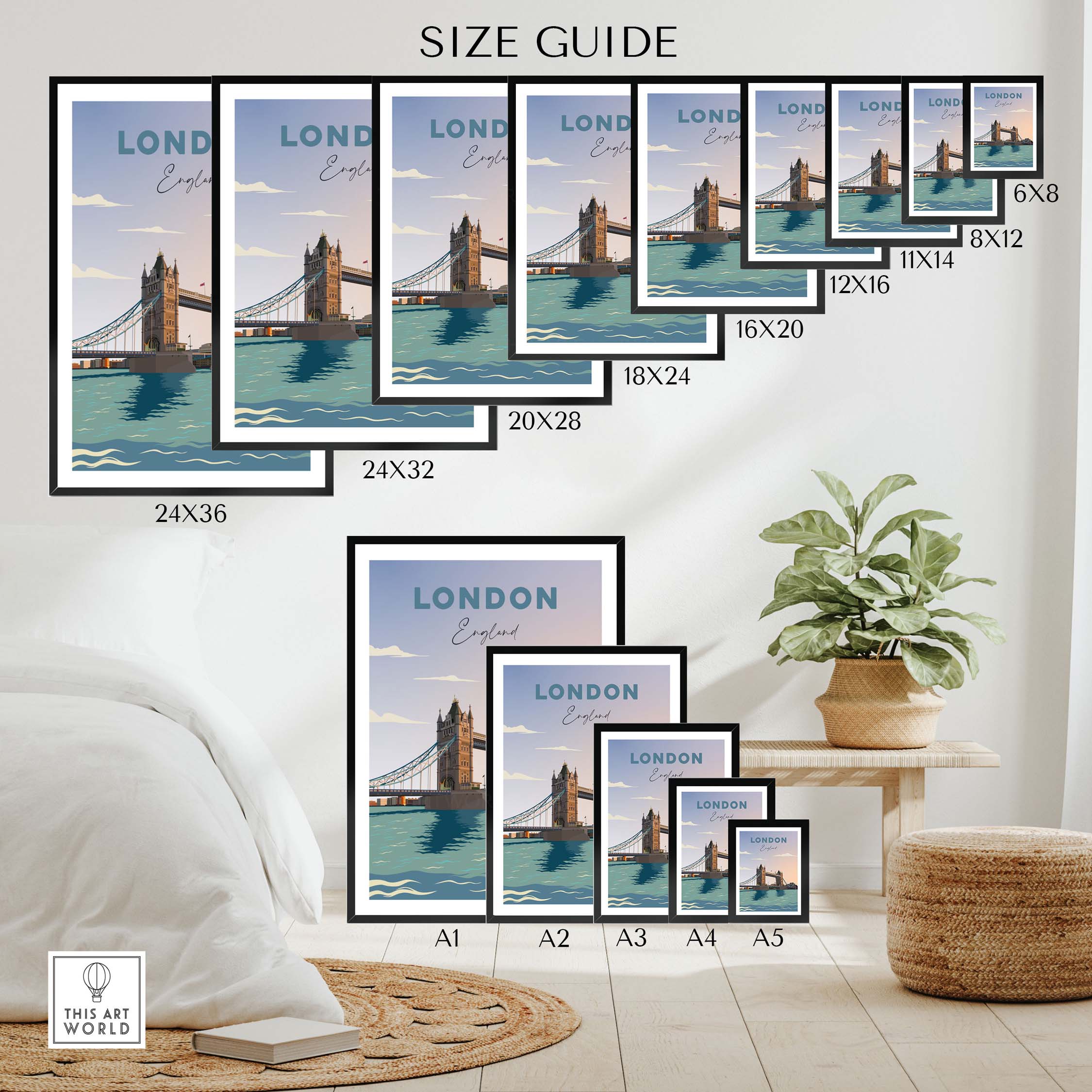 Size guide for London Travel Poster Print showcasing various frame options and dimensions by This Art World.