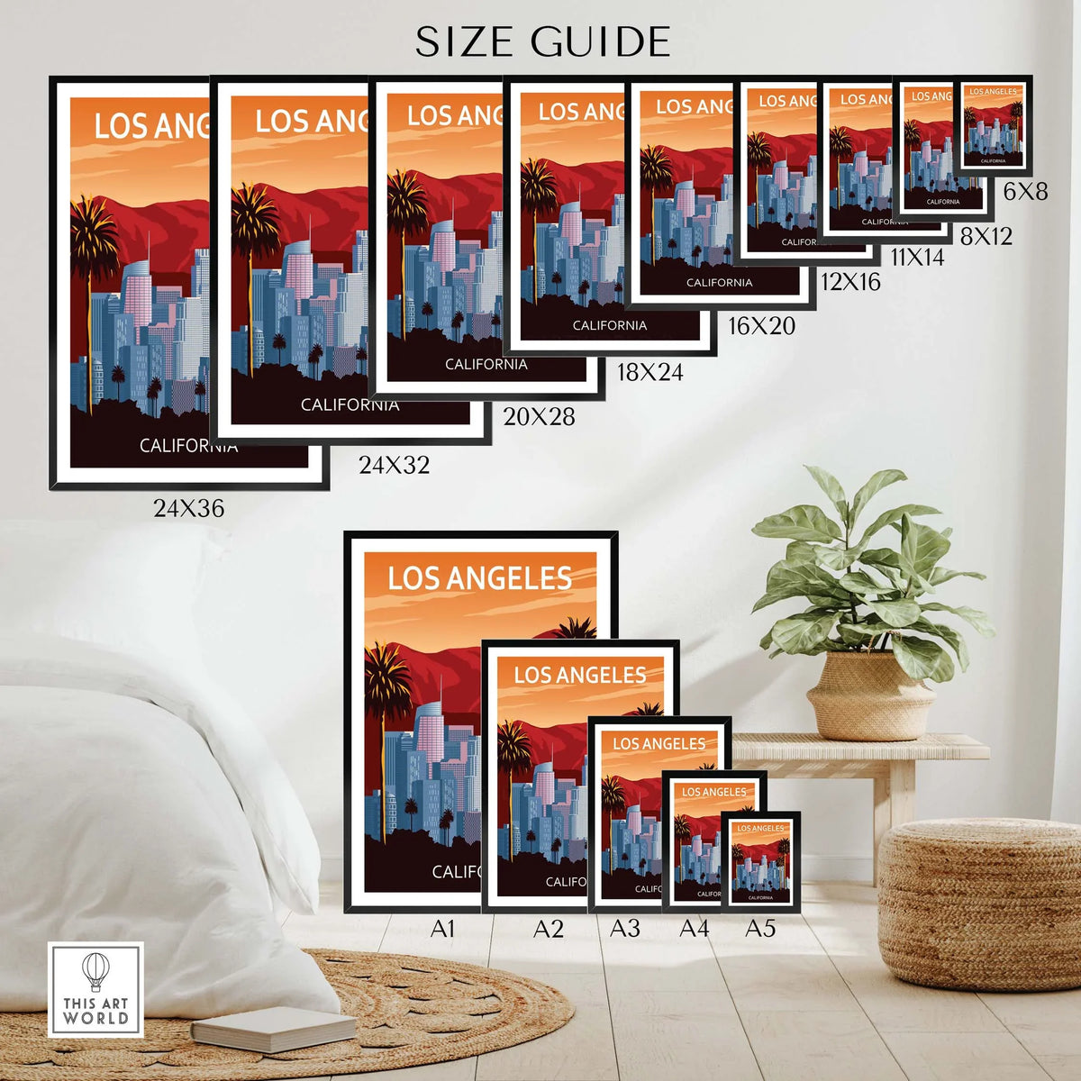 Los Angeles Wall Art Print size guide showcasing various print dimensions with a stylish home setting.