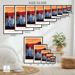 Size guide for Los Angeles Poster Print showcasing various frame sizes and styles in a stylish interior setting.