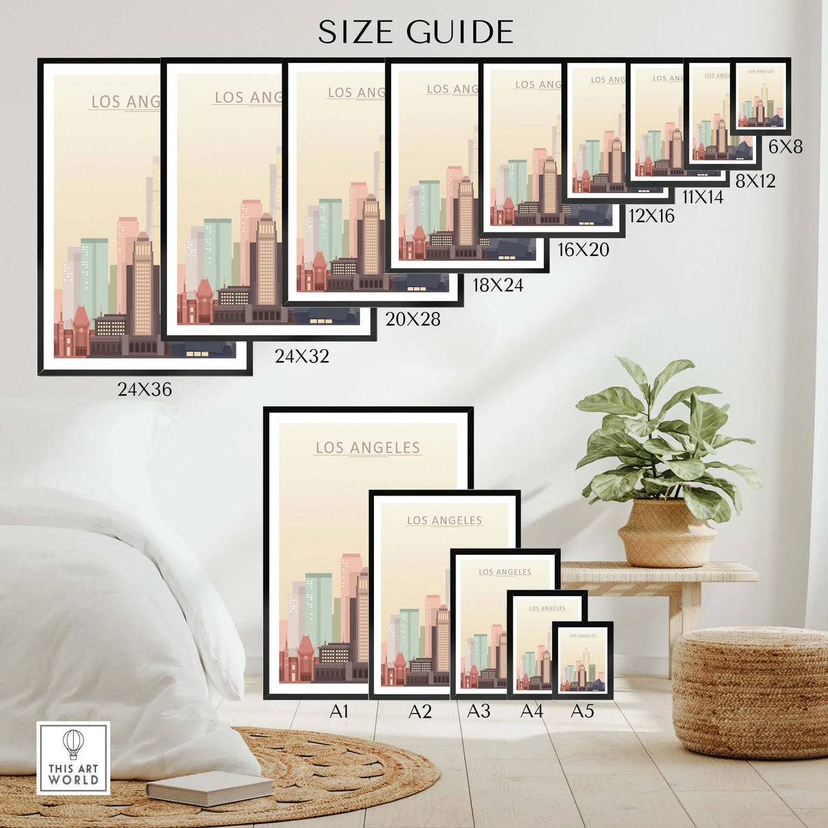Size guide for Los Angeles skyline wall art poster in various frame sizes on a stylish interior backdrop.