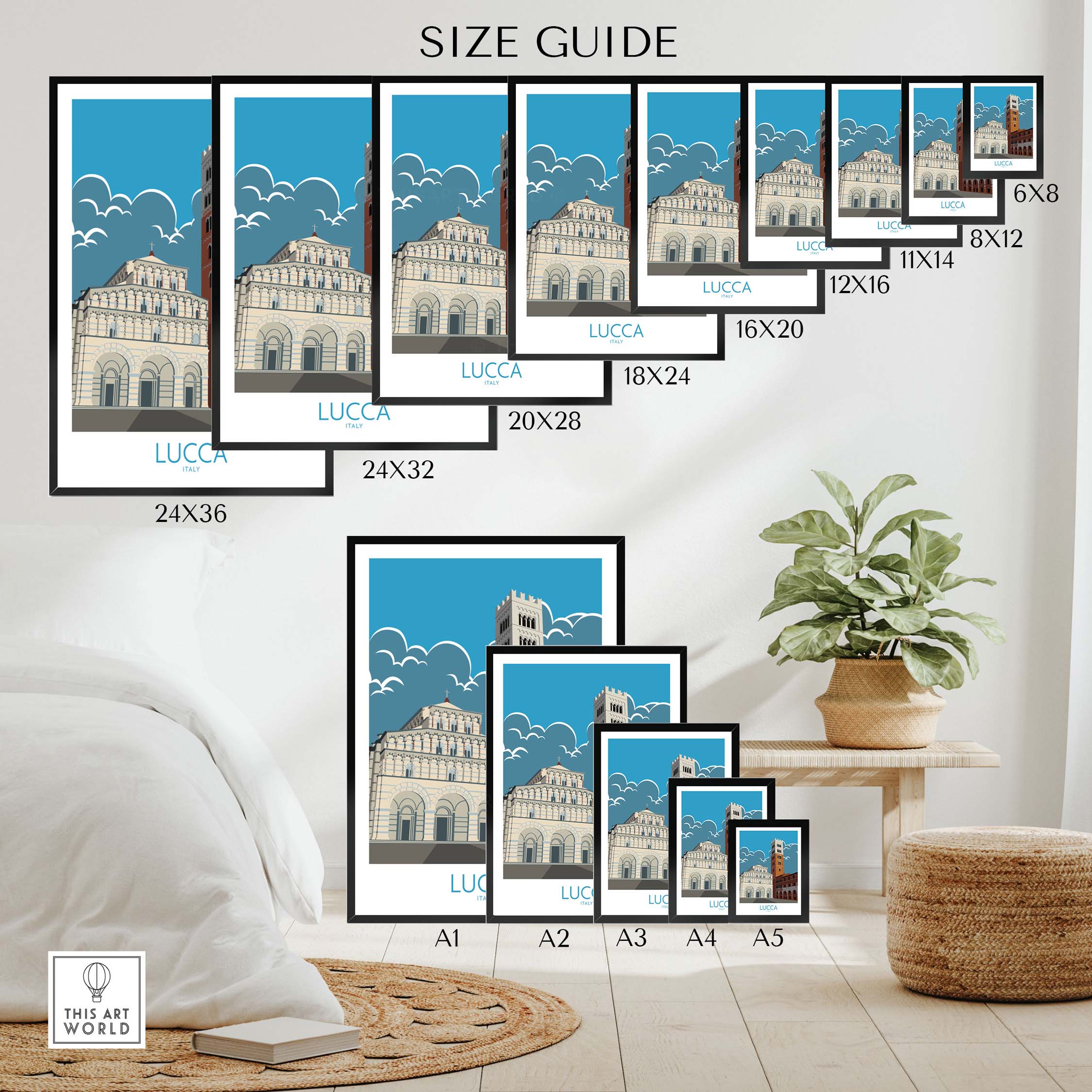 Lucca Print Italy Travel Poster Size Guide showcasing various frame sizes on a stylish interior setting.