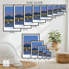 Size guide for Lucerne Switzerland posters featuring vintage design and various frame sizes on display.