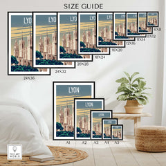 Size guide for Lyon Print France Poster in various frame sizes for home or office decor.