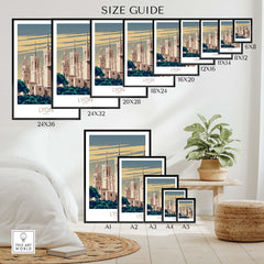 Size guide for Lyon Poster France Wall Art showcasing various frame sizes and styles for home decor.
