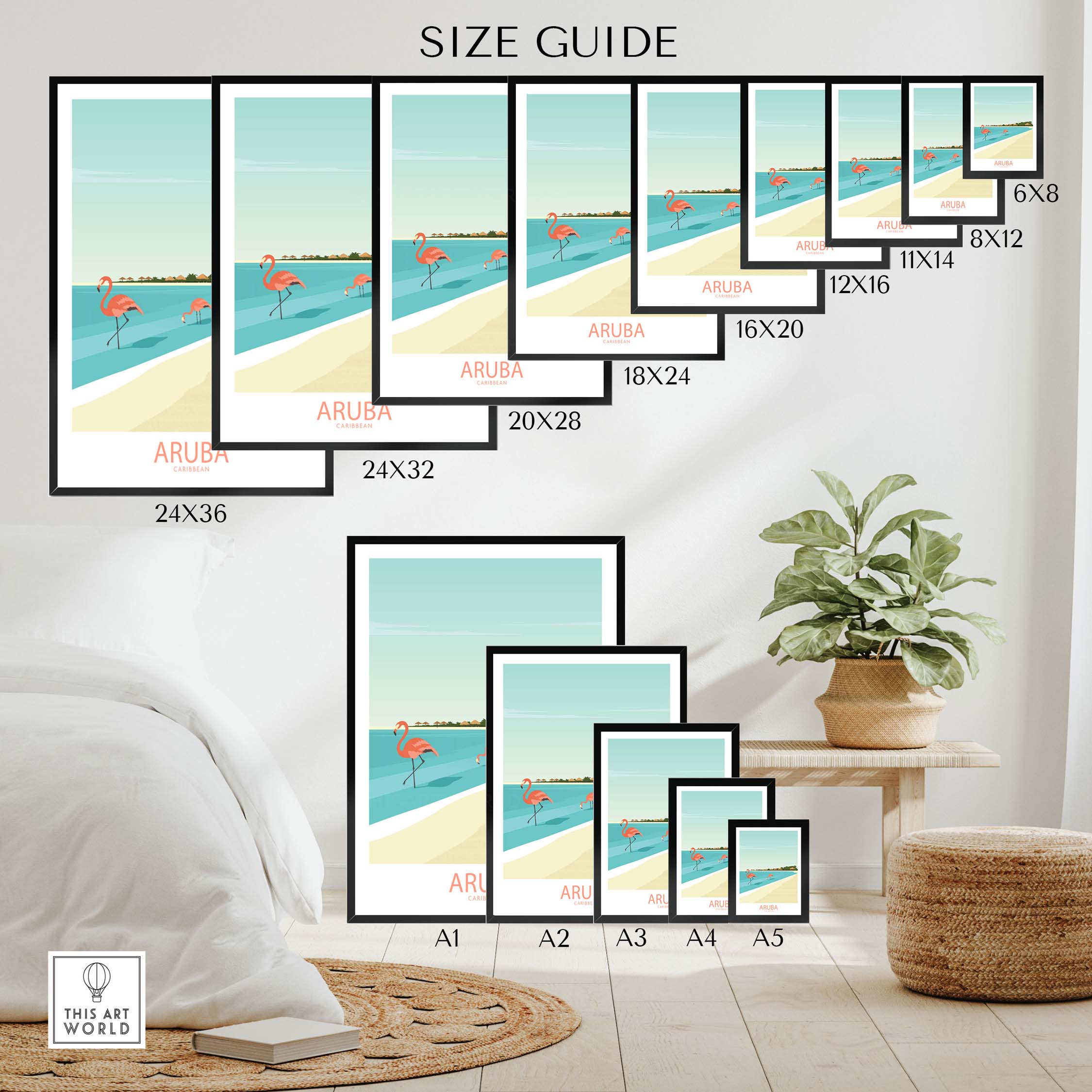 Size guide for Aruba Caribbean poster showcasing various frame sizes and placement in a stylish decor setting.
