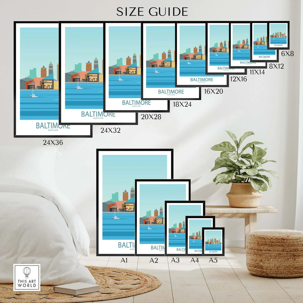 Size guide showing various frame sizes for Baltimore Poster Maryland USA in a stylish interior setting.