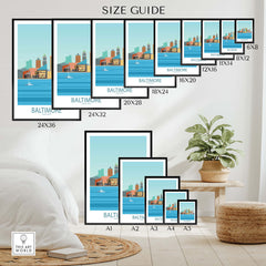 Size guide showing various frame sizes for Baltimore Poster Maryland USA in a stylish interior setting.