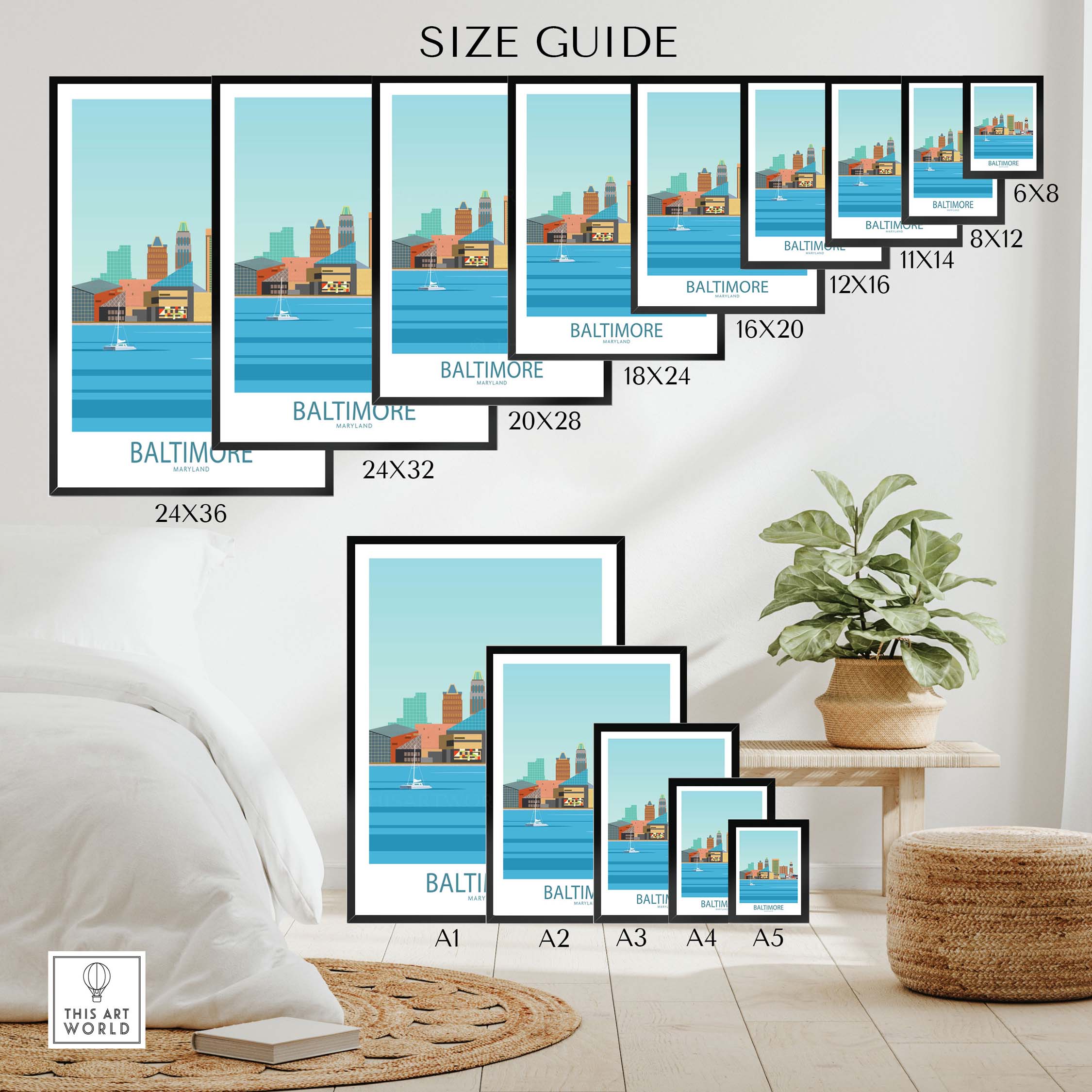 Size guide showing various frame sizes for Baltimore Poster Maryland USA in a stylish interior setting.