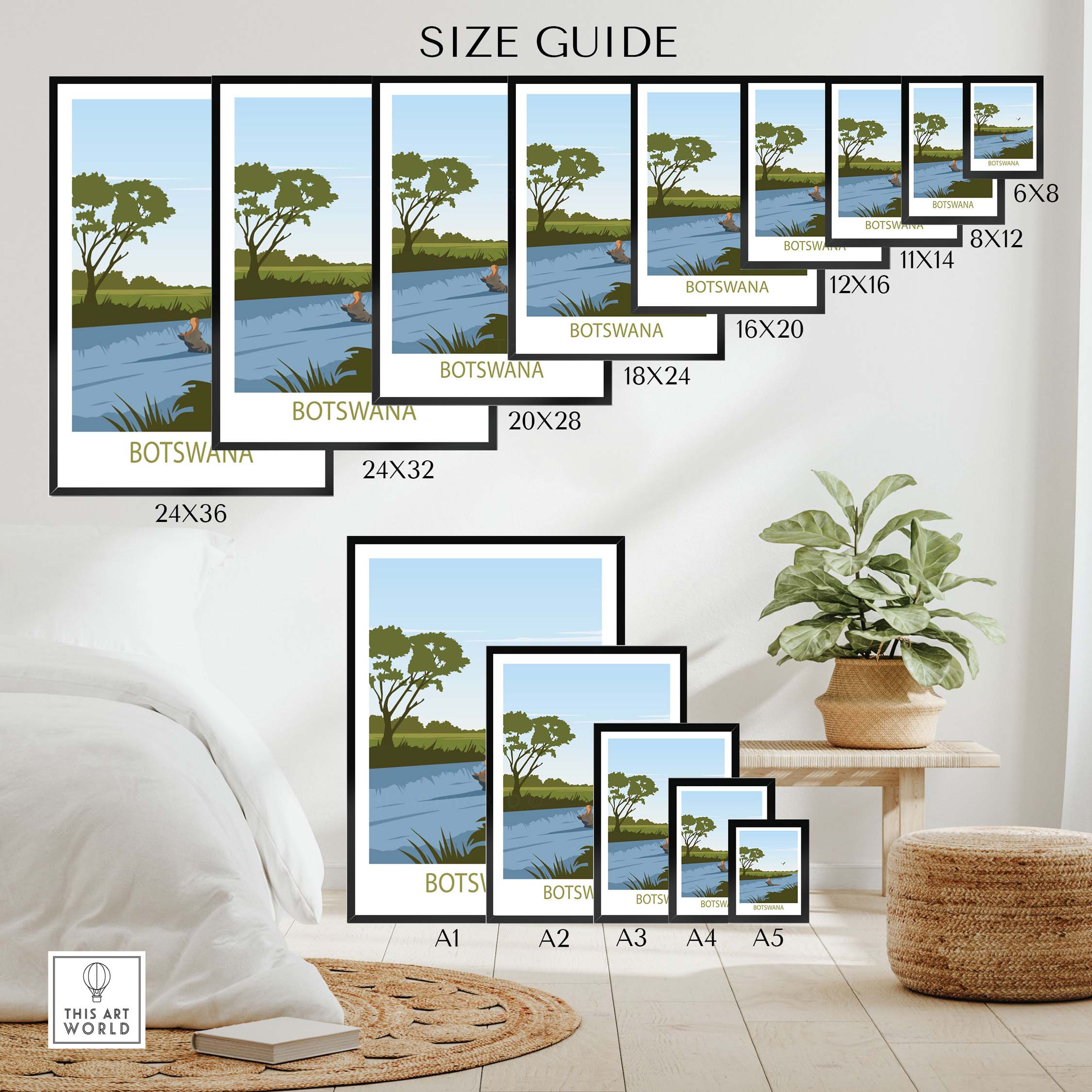 Size guide for Botswana Africa travel poster prints in various dimensions, showcasing vibrant landscapes.