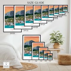 Size guide for Capri Print travel poster showcasing various frame sizes in a stylish indoor setting.